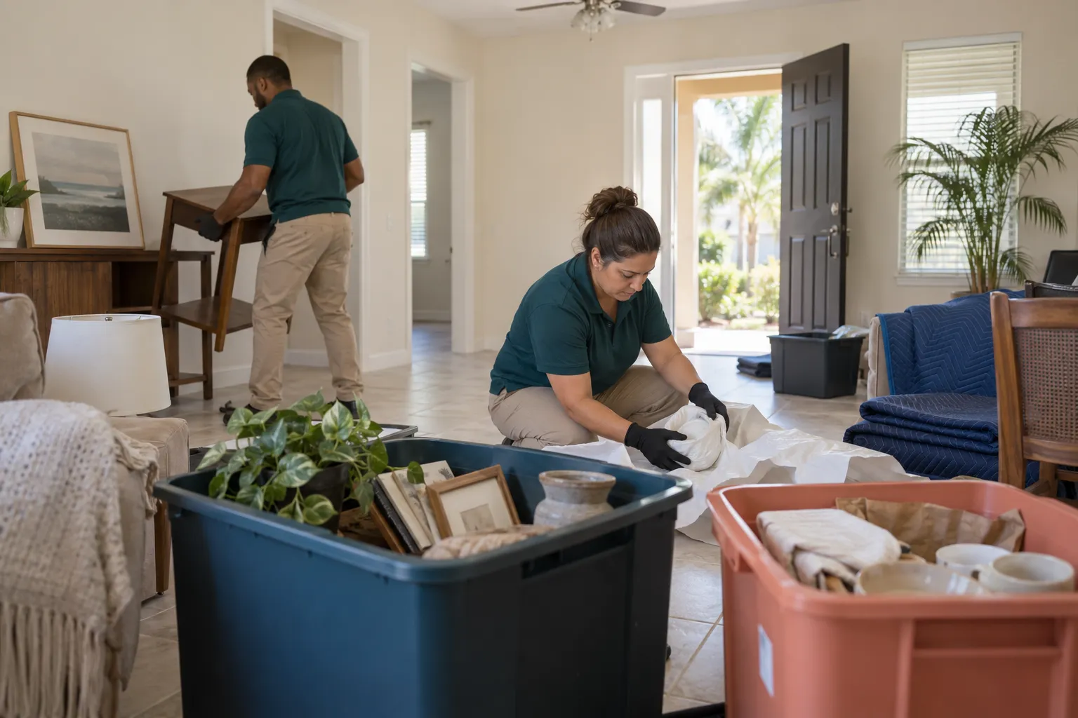 Cleanout crew sorting household contents in a vacant living room